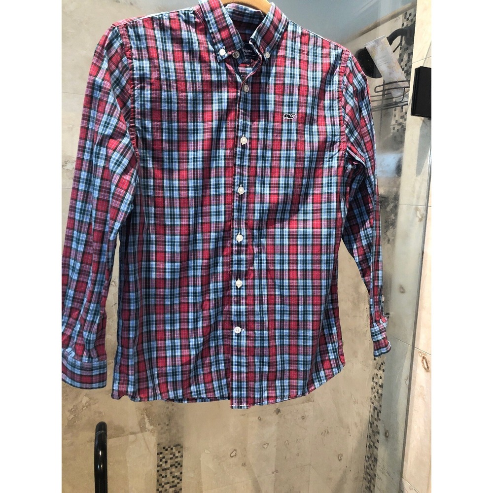 Vineyard Vines Boys Shirt F Whale Plaid Check Blue Red Med 12/14 Oxford